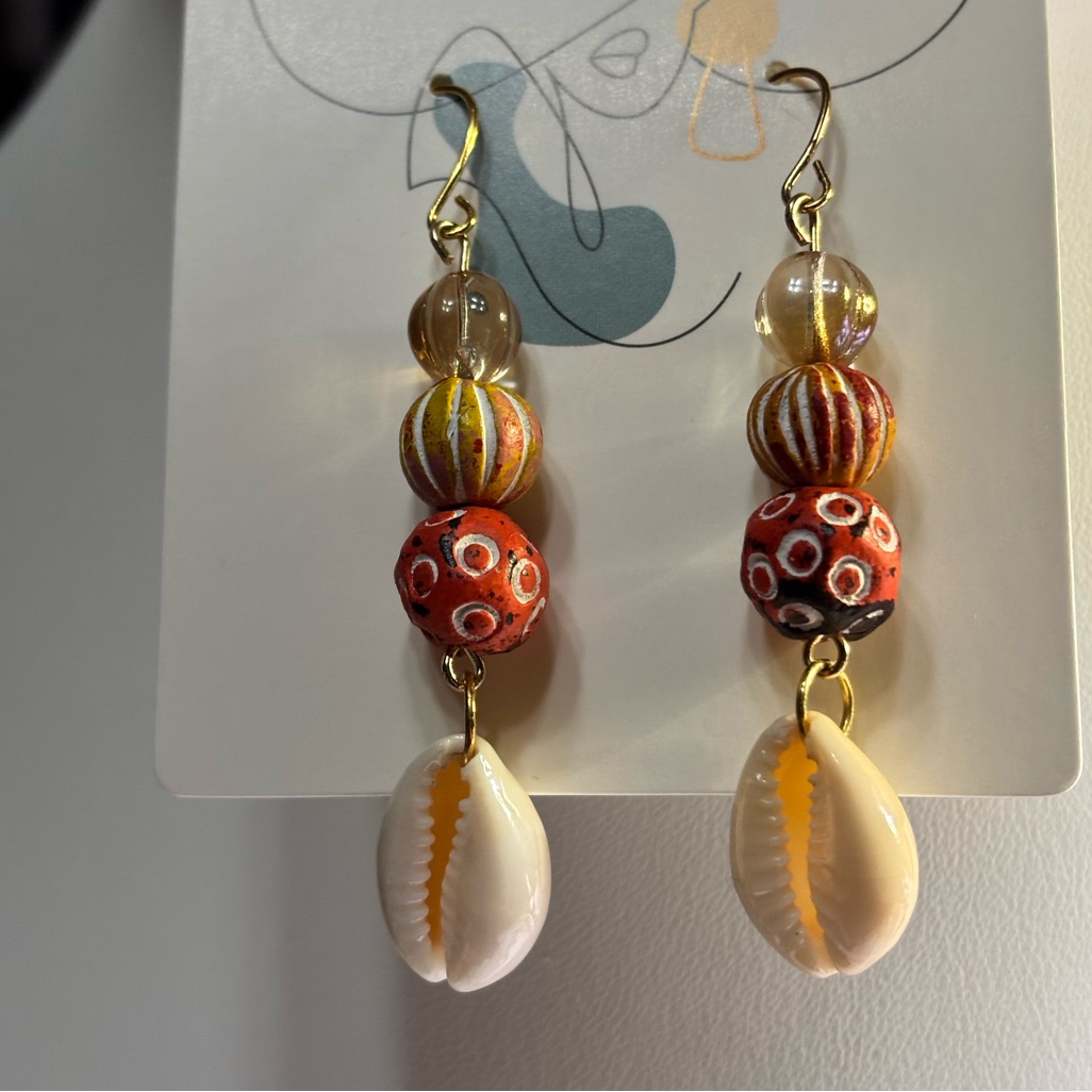 Hand Crafted Drop Earrings Cowrie Shells Colorful Indian Clay Beads 2.5 Inches